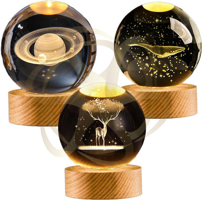 SANGOZ 3D Whale, Deer & Saturn Crystall Ball Night Lamp for Bedroom (Pack of 2) Night Lamp(5 cm, Random)