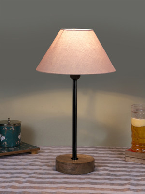 Devansh Conical Cotton Shade Lamp With Black Iron & Natural Wood Base For Decoration Table Lamp(41.91 cm, Grey)