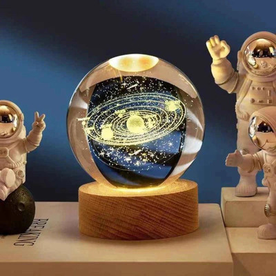 Solsky Solar system 3D Crystal Ball Light, USB Powered & 2.36 Inch wooden base Night Lamp(8 cm, Beige, Clear)