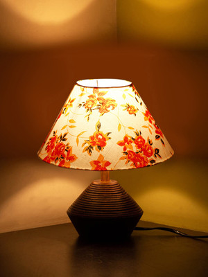 Devansh Multicolor Cotton Table Lamp With Wood Natural Base (10X12 Inches) Table Lamp(30.48 cm, White, Orange)