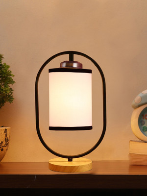 Devansh White & Black Cotton Drum Wooden & Iron Table Lamp For Home Decor Lights Table Lamp(43.18 cm, White, Black)