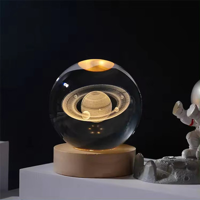 Wengonvila 3D Saturn Crystal Ball Night Light,2.4 Inch Glass Ball Night LED Lamp Wood Night Lamp(8 cm, Multicolor, Warm Light)