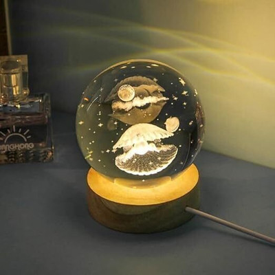 DSSB Crystal Ball 3D Inner Carved Small Crystal Ball Light with Wood Base Night Lamp(5 cm, Multicolor)