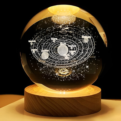 CITYCART 3D Crystal Ball Lamp | Night Light with Wooden Base | Solar System Style Night Lamp(15 cm, Gold)