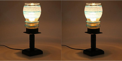 Somil Stylish Home Decorative Wood Table Lamp With Hand Decorative Glass Shade Table Lamp(25 cm, White, Blue, Black)