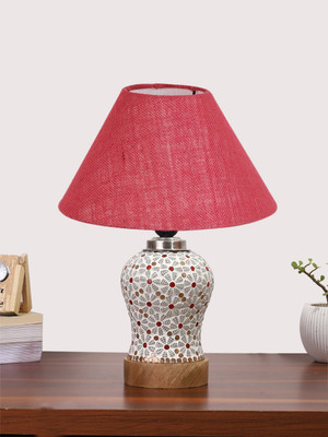 Devansh Conical Pink Jute Shade Lamp With Wood & Mosaic Glass Base For Decoration Table Lamp(36.83 cm, Pink)