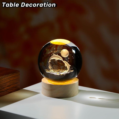 Wengonvila Galaxy Crystal Ball Night Light,2.4 inch Glass Ball Night Lamp with Woodern Base Night Lamp(8 cm, Jumping Dolphine)