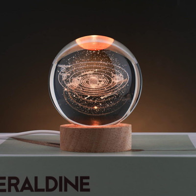 Wengonvila 3D Solar System Crystal Ball with 3.15 inches USB Powered Wooden Base Table Lamp(8 cm, Multicolor, Clear)