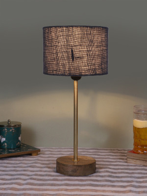 Devansh Drum Blue Jute Shade With Gold And Natural Wood Base Table Lamp(42.5 cm, Blue)