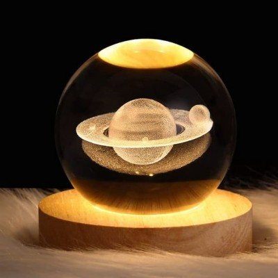 Aryamurti 3D Saturn Crystal Ball Night Light Ball with Wooden Base. Night Lamp(8 cm, Multicolor)