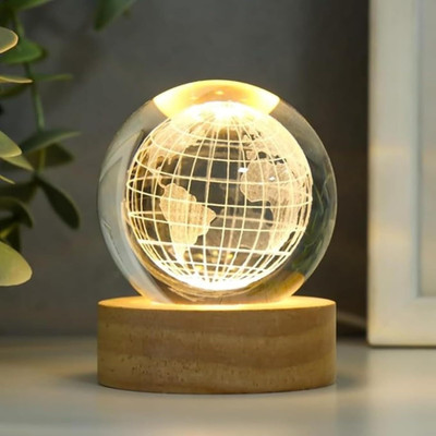 K M D 3D Earth Globe World Crystal Ball Night Lamp in Glass Night Lamp(9 cm, Yellow)