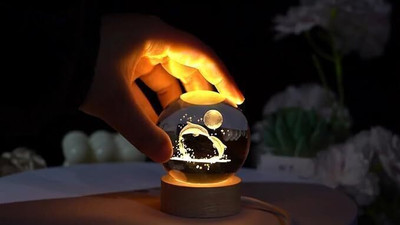SHOPOGENIX 3D Dolphin Crystal Ball Light,2.4 inch Glass Ball with Led Wood Base Night Lamp Night Lamp(8 cm, Yellow)