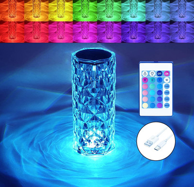 MHAX Crystal Rose Diamond 16 Color RGB Changing Mode LED Night Lights Table Lamp Night Lamp(8 cm, Multicolor)