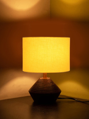 Devansh Yellow Cotton Table Lamp With Wood Natural Base (7X12 Inches) Table Lamp(30.48 cm, Yellow)