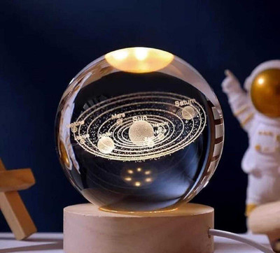 Handcraftd 3D Ganesh Crystal Ball Night Lamps Lumina Galaxy Lamp for Bedroom Wooden Base Night Lamp(8 cm, White)