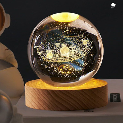Aryamurti 3D Space Galaxy Planet Crystal Ball Night Light Ball with Wooden Base Night Lamp(7 cm, Multicolor)