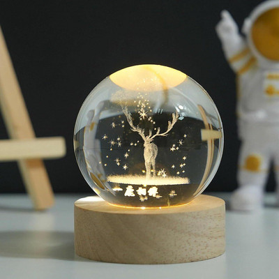 Wengonvila 3D Deer Crystal Ball Night Light Ball with Wooden Base for Birthday Gift Night Lamp(7 cm, Yellow)