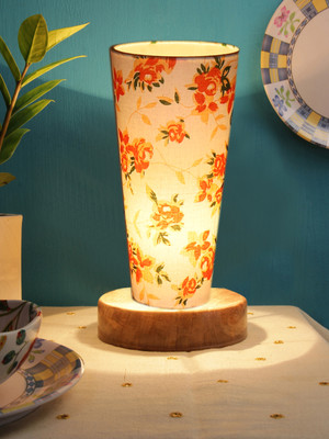 Devansh Multicolor Cotton Lamp With White Natural Round Wood Base Table Lamp(11 cm, White, Orange)