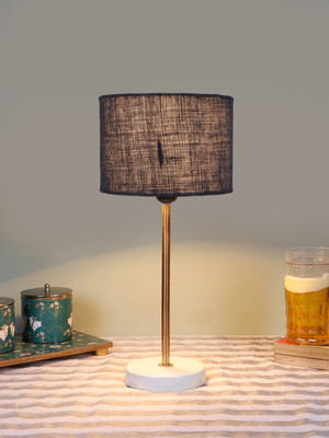 Devansh Drum Blue Jute Shade With Gold & White Wood Base For Decoration Table Lamp(42.545 cm, Blue)