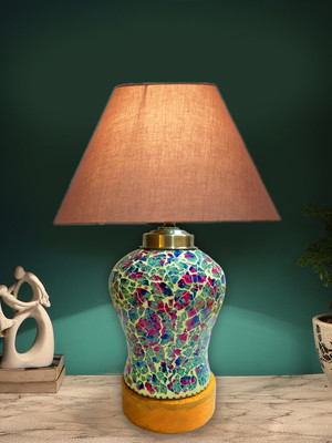 Devansh Conical Grey Cotton Shade Lamp With Wood & Mosaicglass Base For Decoration Table Lamp(53.34 cm, Grey)
