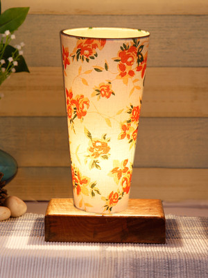 Devansh Multicolor Cotton Lamp With Square Natural Wood Base Table Lamp(11 cm, White, Orange)