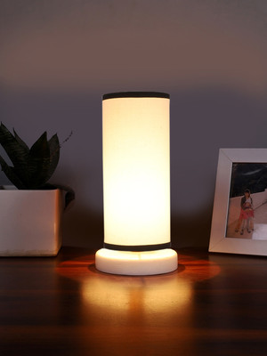 Devansh White & Black Cotton Table Lamp With White Wood Base Table Lamp(31.75 cm, White, Black)