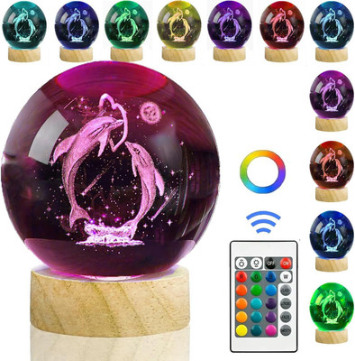 STARKENDY 16 Colors 3D Crystal Ball Lamp Dolphin Lamps with Woodern Base Remote Control Night Lamp(7 cm, 16)