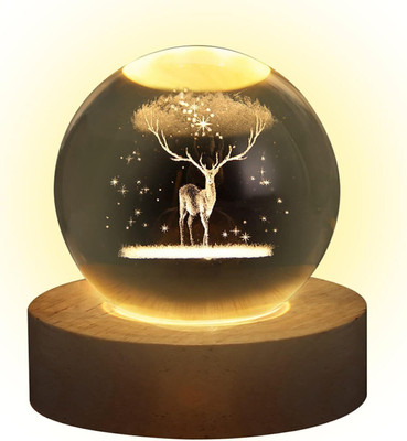 Wengonvila 3D Deer Crystal Ball Night Light Ball with Wooden Base for Birthday Gift-L230_T4 Night Lamp(7 cm, Yellow)