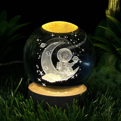 Wengonvila Galaxy Crystal Ball Night Light,2.4 inch Glass Ball Lamp with Wooden Base Night Lamp(7 cm, Yellow, Moon Astronaut)