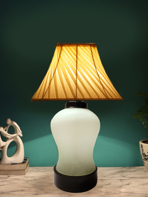 Devansh Off White Cross Pleated Cotton Shade Lamp With Wood & Milky Glass Base Table Lamp(40.64 cm, Off White)