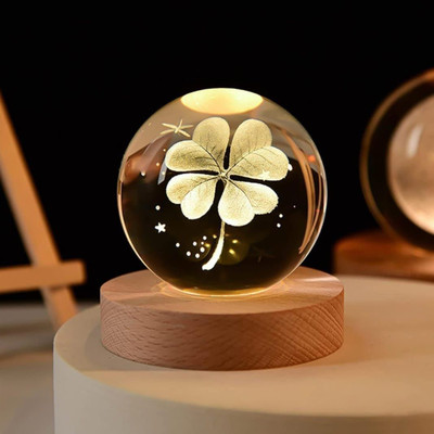 Kanvika 3D Leaf Crystal Ball Night Lamp, Creative Glass Night Light for Kids Bedroom Night Lamp(5 cm, Yellow)