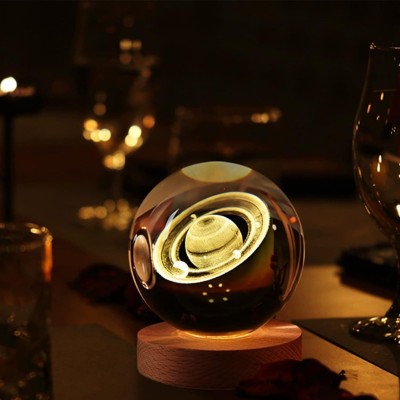 SHOPOGENIX Saturn Crystal Ball Night Light,3D Galaxy LED Lamp with Wood Base Night Lamp(8 cm, Yellow)