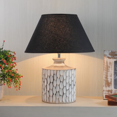 Kapoor Lampshades Garlen natural carved wood With Black Cotton Shade Table Lamp(46 cm, Distress White)