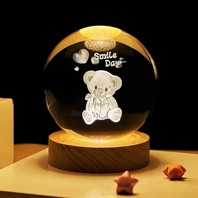 SHOPOGENIX 3D Moon Crystal Ball Night Light,2.4 inch Glass Ball with Led Wood Base Lamp Night Lamp(7 cm, tedy bear)