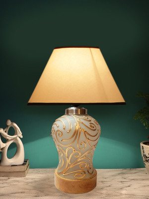 Devansh Conical White & Black Cotton Shade Lamp With Wood & Mosaic Glass Base Table Lamp(53.34 cm, White, Black)