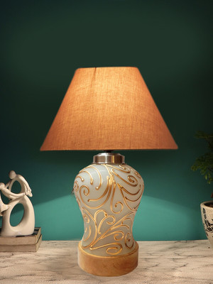 Devansh Conical Grey Cotton Shade Lamp With Wood & Mosaicglass Base For Decoration Table Lamp(53.34 cm, Grey)