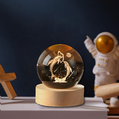 GOVAVI 3D USB Dolphin Crystal Ball Colorful Night Lamp Light with LED Wooden Base Table Lamp(7 cm, Dolphin with Heart)