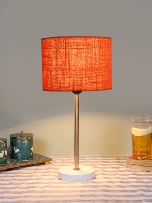 Devansh Drum Orange Jute Shade With Gold & White Wood Base For Decoration Table Lamp(42.545 cm, Orange)