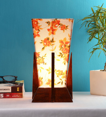 Devansh Pyramid Printed Cotton Shade Lamp With Wood Base For Decoration Table Lamp(30.48 cm, White, Orange)