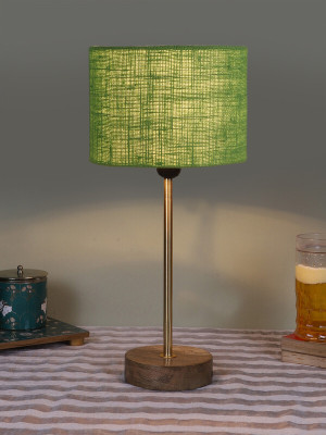 Devansh Drum Green Jute Shade With Gold And Natural Wood Base Table Lamp(42.5 cm, Green)