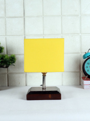Devansh Square Wood table lamp with Yellow cotton Shade Night Lamp(30 cm, Yellow)
