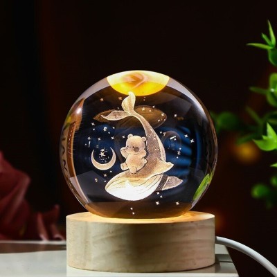 SHOPOGENIX 3D Crystal Ball Lamp with Wooden Base Bear and Dolphins Galaxy Models Night Lamp(8 cm, Yellow Color, Warm Light)