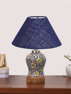 Devansh Conical Blue Jute Shade Lamp With Wood & Mosaic Glass Base For Decoration Table Lamp(36.83 cm, Blue)