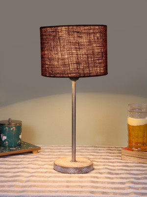 Devansh Drum Brown Jute Shade With Steel And White Brushed Wood Base Table Lamp(42.5 cm, Brown)