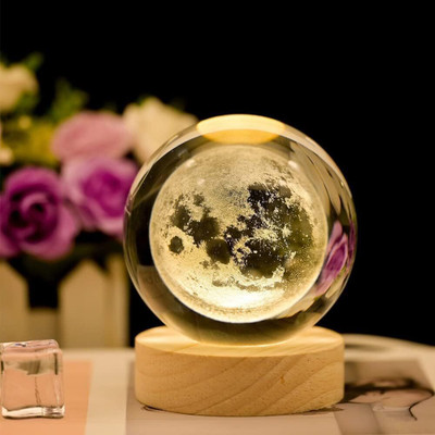 Wengonvila 3D Moon Crystal Ball Night Light,2.4 inch Glass Ball Night Lamp with Wood Base Night Lamp(8 cm, Yellow)