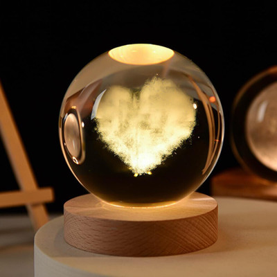 carfrill Crystal Ball Night Light 3D Engraved Heart Crystal Globe with Warm LED Table Lamp(8 cm, Cloud Heart)