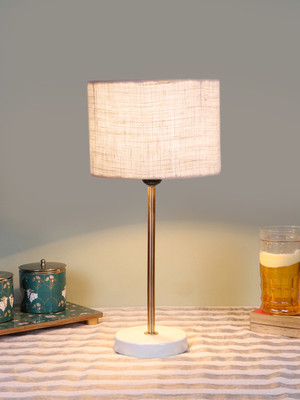 Devansh Drum White Jute Shade With Gold & White Wood Base For Decoration Table Lamp(42.545 cm, White)