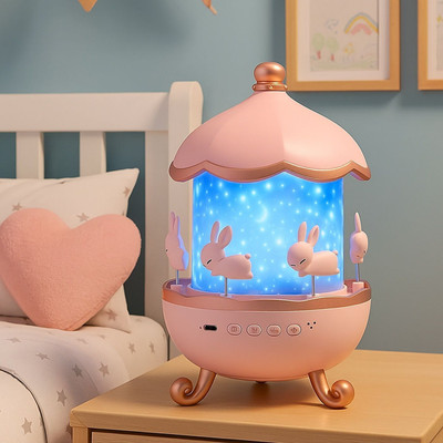 NPN Bunny Carousel Night Light Projector Lamp , 360° Rotatable Cabin LED Night Lamp(23 cm, Pink)