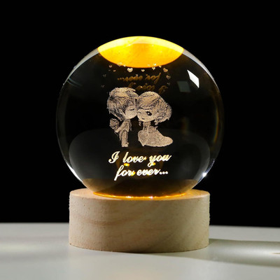 SHOPOGENIX Lovers Glass Ball Night LED Lamp with Woodern Base Decorative Lamp Night Lamp(8 cm, Yellow)