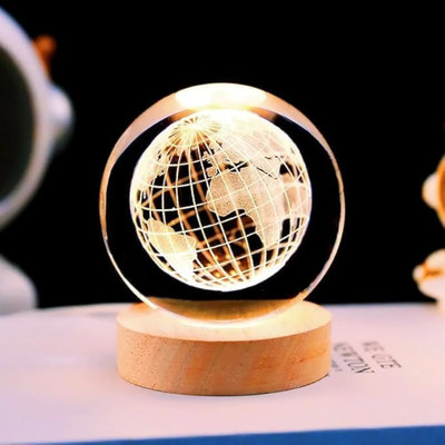 Shrey Shiv Collections 3D Globe Crystal Ball Night Light with Wooden Base (Pack of 1) Table Lamp(8 cm, Clear)